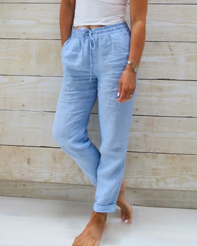 Chic und Stil | Women’s Linen Trousers with Cotton Blend and Elastic Waistband