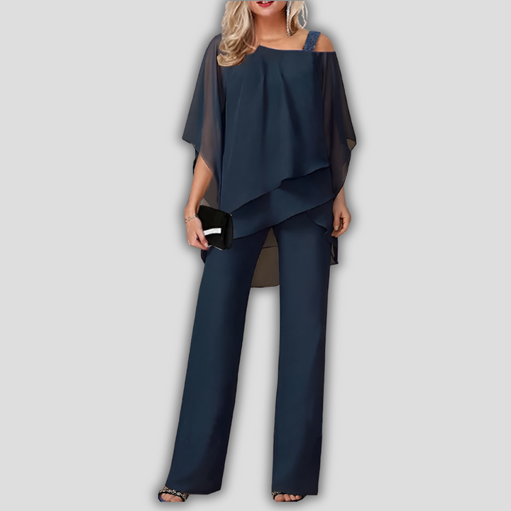 Elegant 2 Piece Chiffon Pantsuit with Layered Cape Top