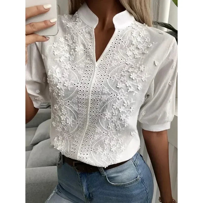 Summer White Blouse with Embroidery and V-Neck
