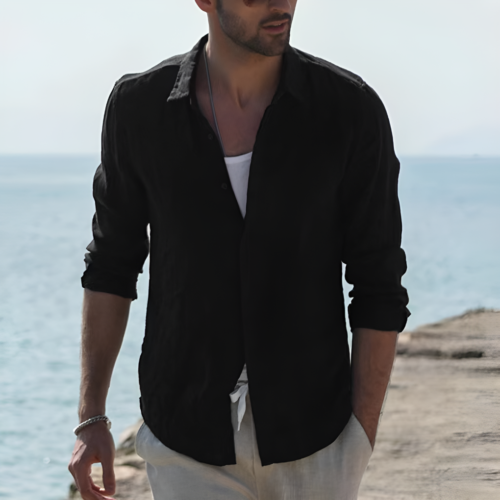 Vintage Solid Linen Shirt with Turn-Down Collar