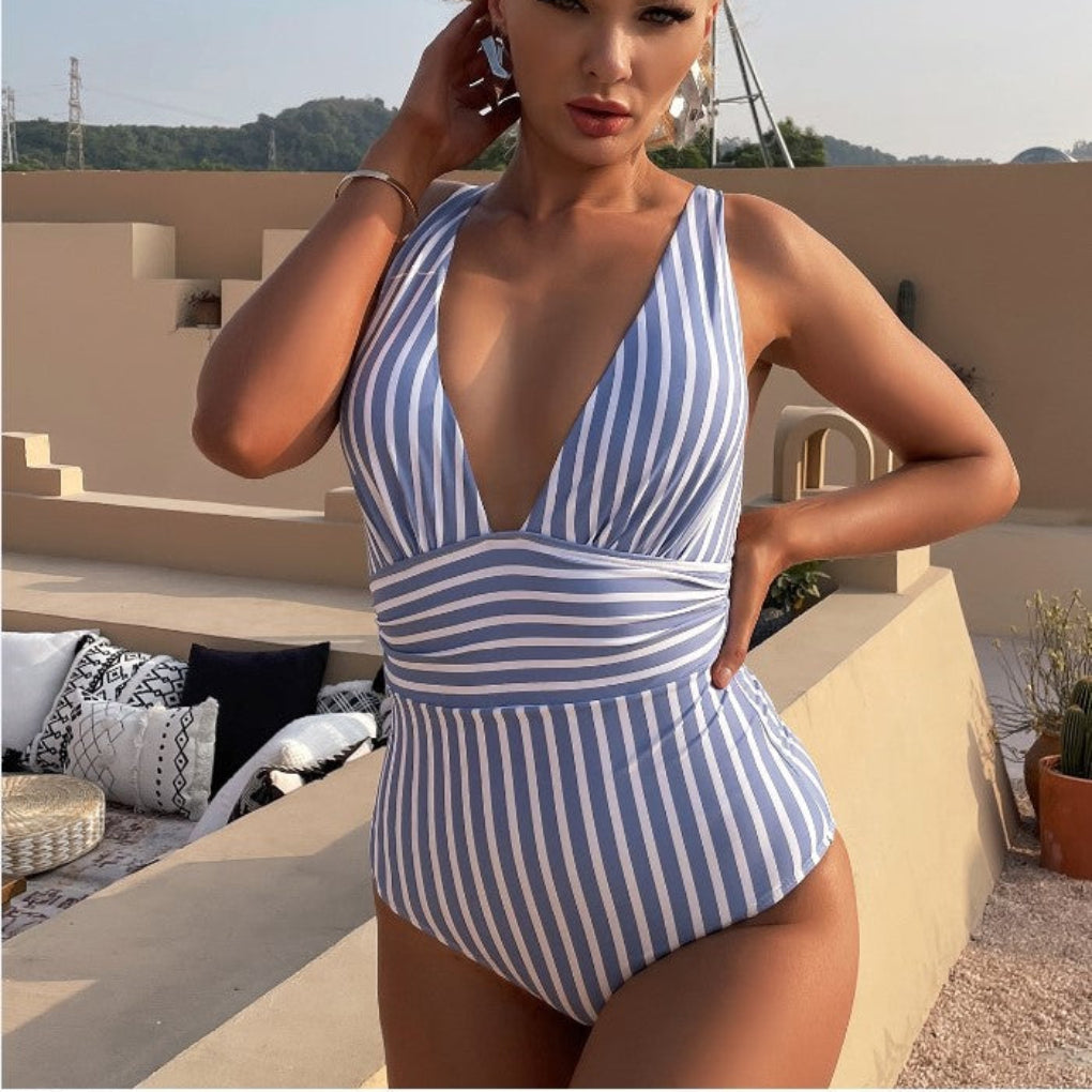 Halter Neck Striped One Piece Swimsuit for Women