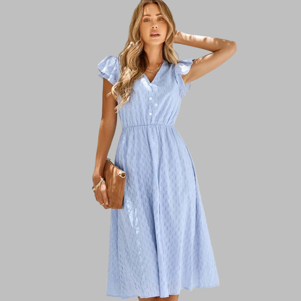 Women's Flowy V-Neck Ruffled Midi Dress