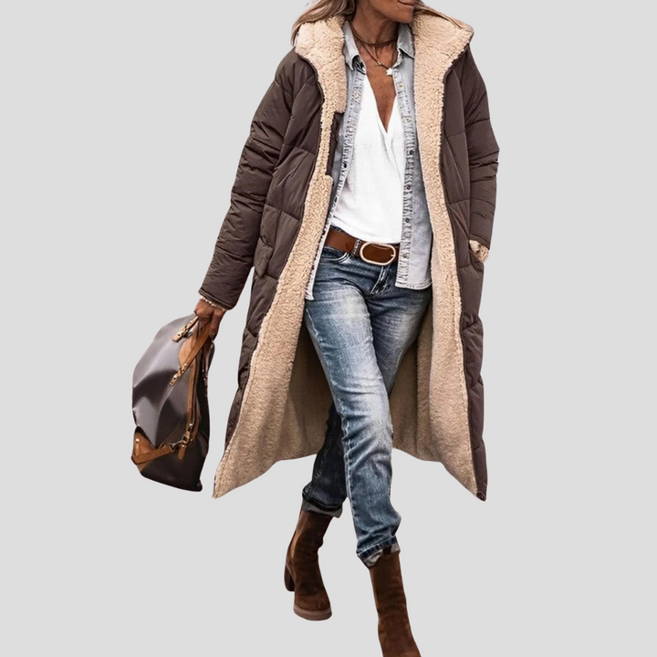 Women’s Long Reversible Winter Coat – Hooded with Teddy Lining