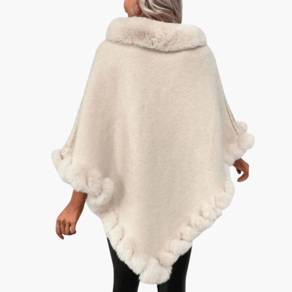 Women’s Knit Poncho with Faux Fur Trim and Oversized Fit