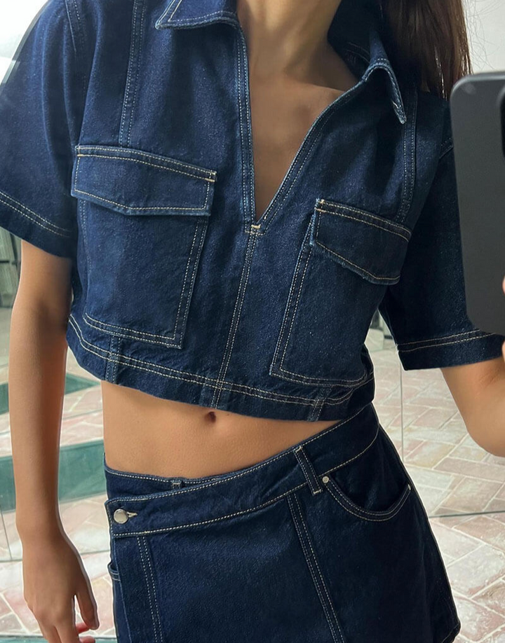 Two-Piece Denim Set with Top and Skirt