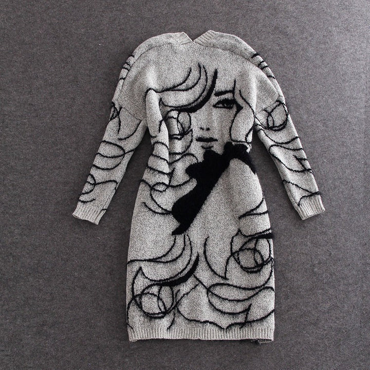 Women's knit dress with artistic graphic design and an elegant V-neck Chic and Style