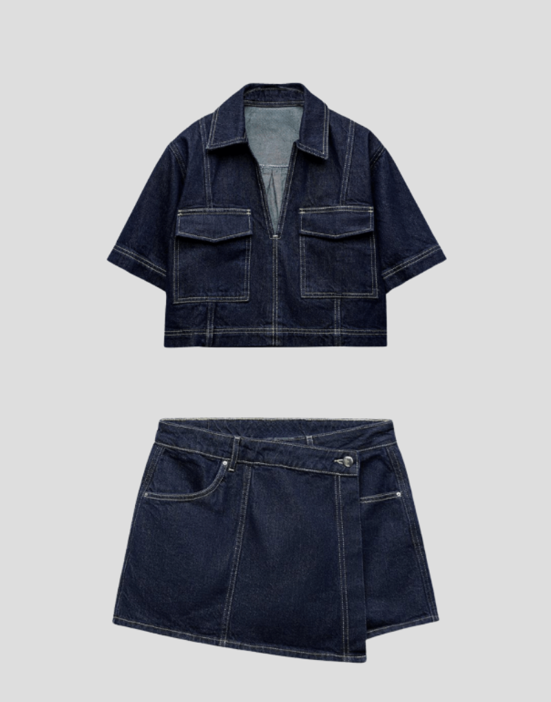 Two-Piece Denim Set with Top and Skirt