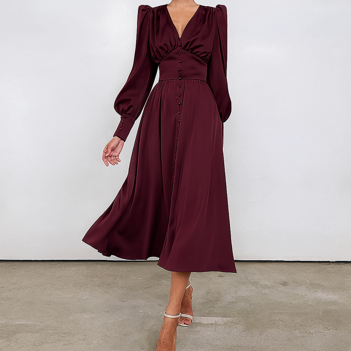Silky Puff Sleeve V-Neck Midi Dress