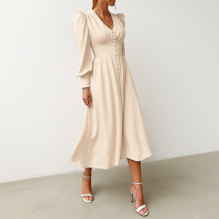 Silky Puff Sleeve V-Neck Midi Dress