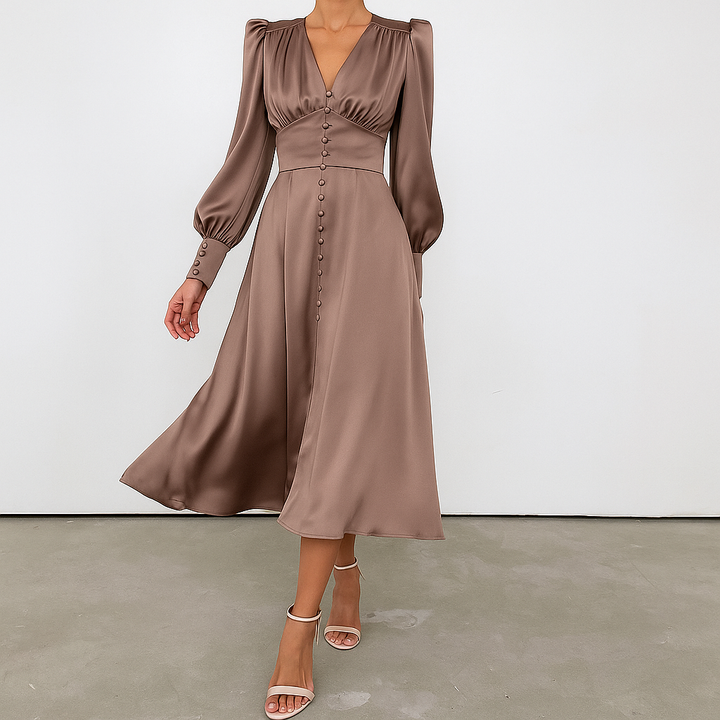 Silky Puff Sleeve V-Neck Midi Dress