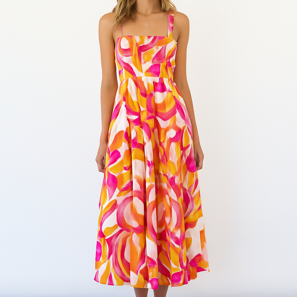 Flowy Vintage Printed Spaghetti Strap Dress