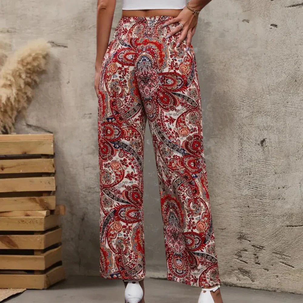 Bohemian Wide-Legged Women's Trousers with Slanted Pockets