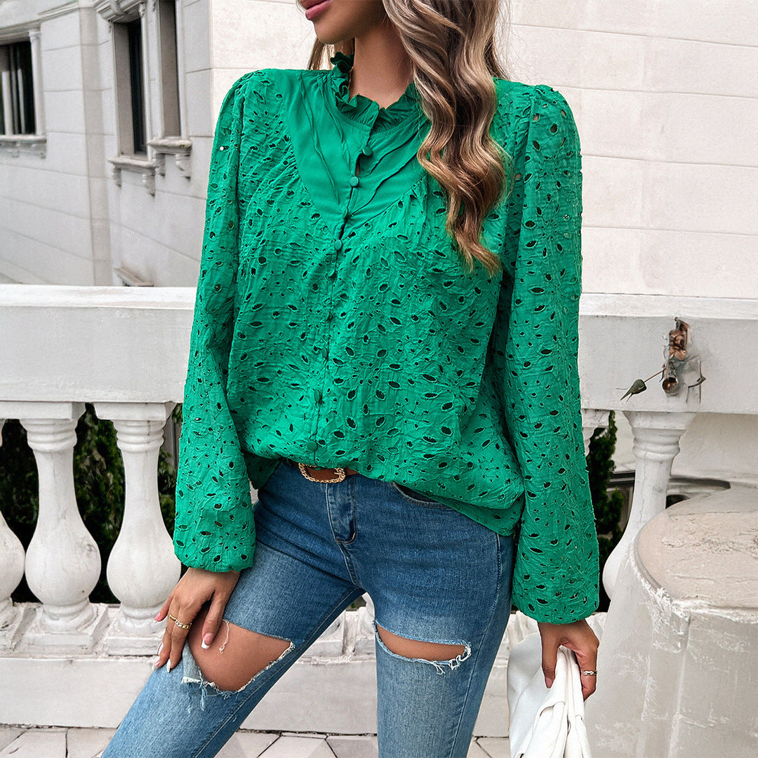 Trendy women's blouse with floral lace embroidery and ruffle details Lune London