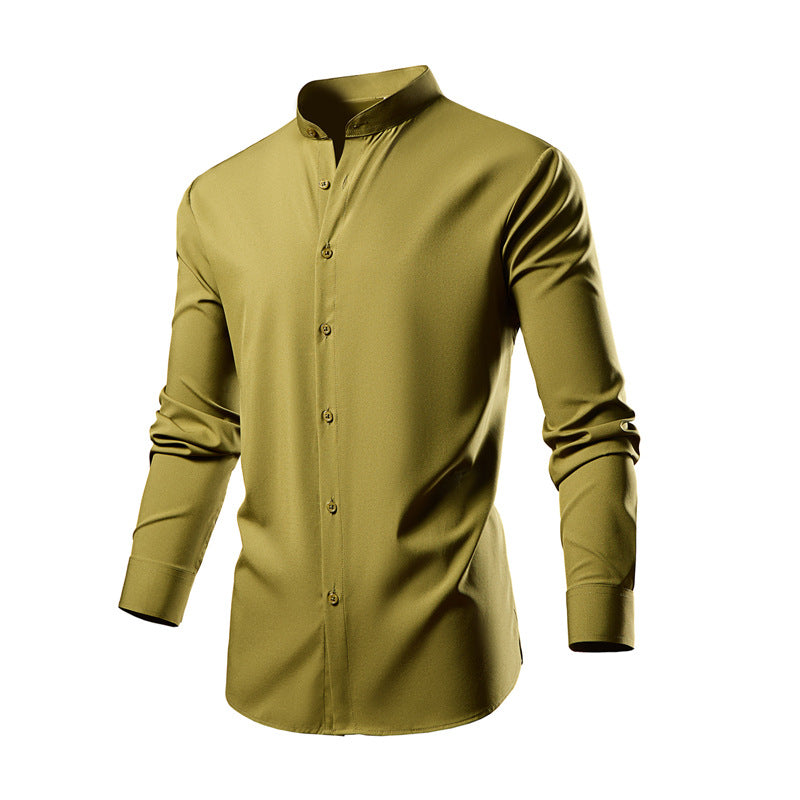 Long sleeve kimono shirt for men with modern stand collar and stylish button details Lune London