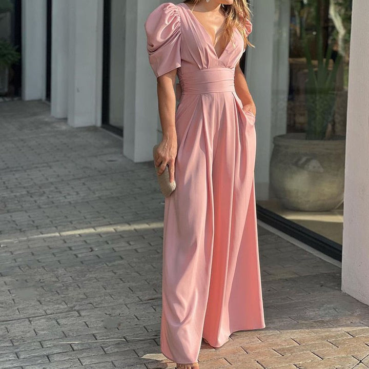 Elegant maxi dress for women with puff sleeves and a deep V-neck Lune London
