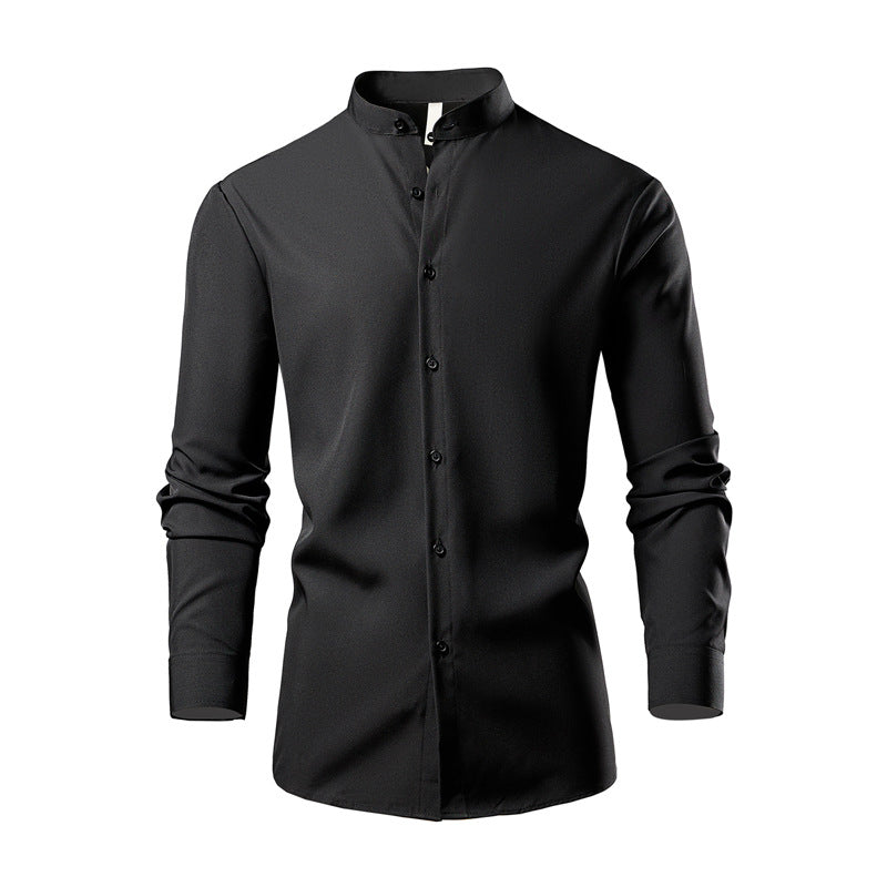 Long sleeve kimono shirt for men with modern stand collar and stylish button details Lune London