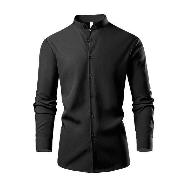 Long sleeve kimono shirt for men with modern stand collar and stylish button details Lune London