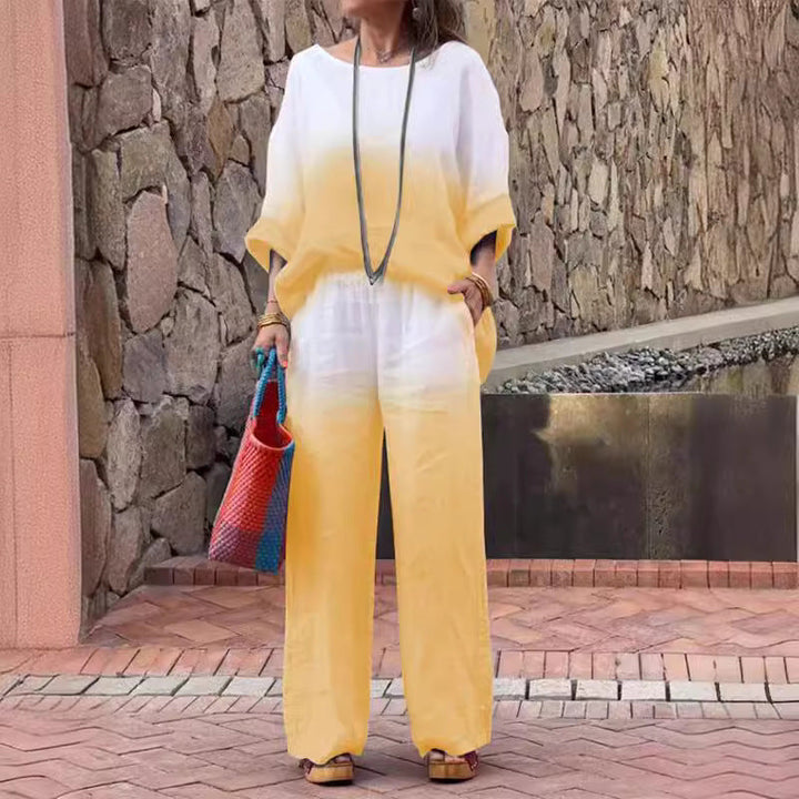 Casual linen outfit for women with wide pants and loose blouse Lune London