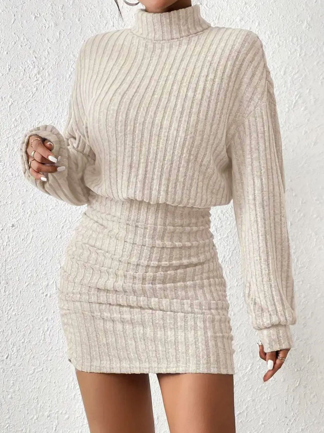 Knit dress for women with high neck and ribbed structure Lune London