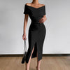 Midi dress for women fitted with bardot neckline and side slit Lune London