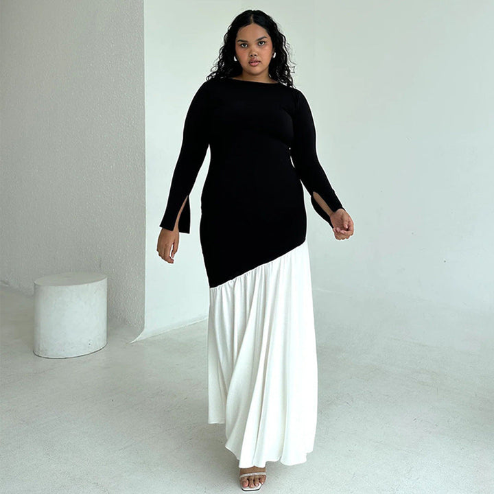 Elegant and asymmetrical maxi dress for ladies with long sleeves and chic and stylish color contrasts.