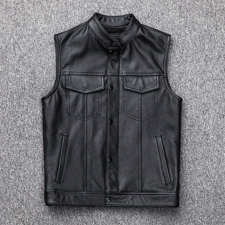 Leather gilet for men with bellows pockets and modern stand-up collar Lune London