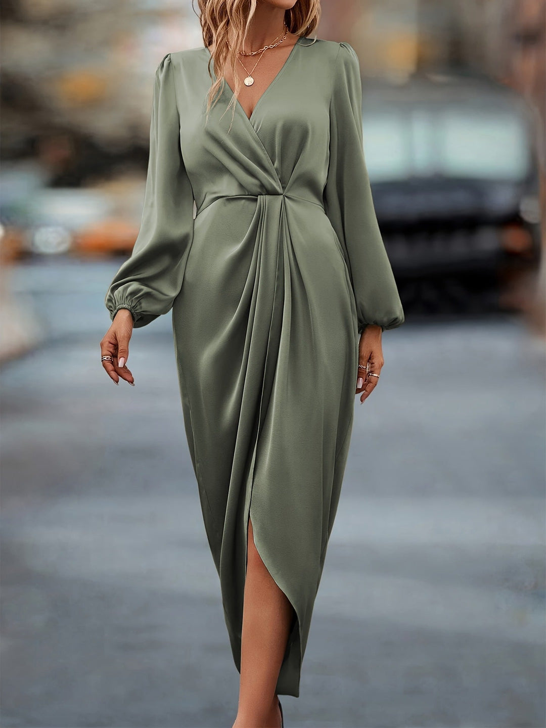 Women’s Satin Maxi Dress with V-Neck and Elegant Puff Sleeves Lune London