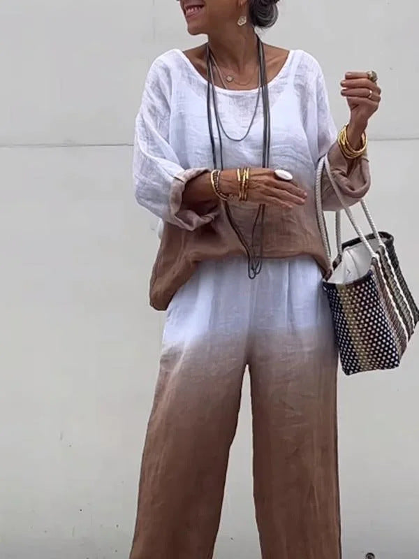 Casual linen outfit for women with wide pants and loose blouse Lune London