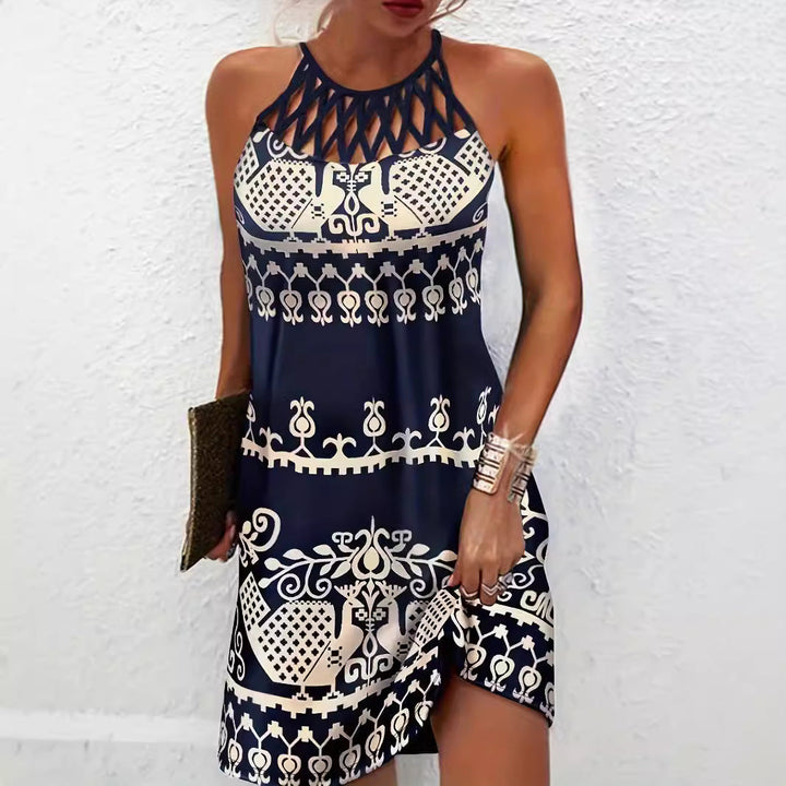 Summer beach dress for women with a creative crochet neckline and a chic and stylish graphic pattern.