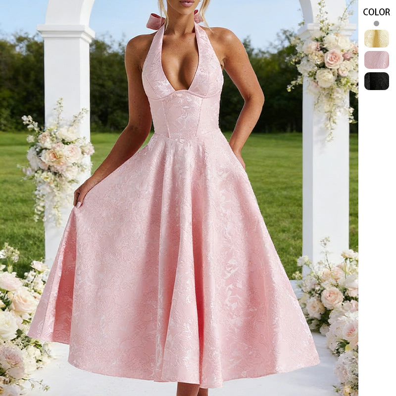 Women's Elegant Halter Neck Midi Dress with Detailed Lace Processing Lune London