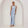 Elegant satin maxi dress for women with stylish gathered neckline and side slit Chic & Stil