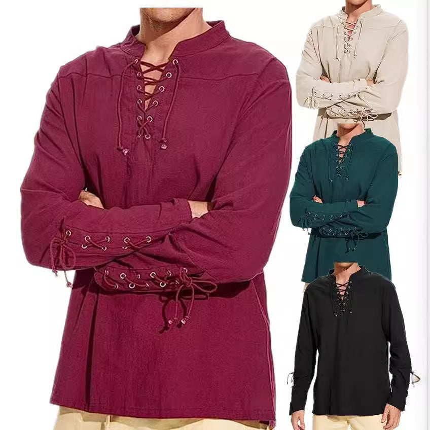 Men's long sleeve linen shirt with a modern lace-up design Lune London