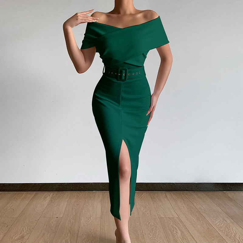Midi dress for women fitted with bardot neckline and side slit Lune London