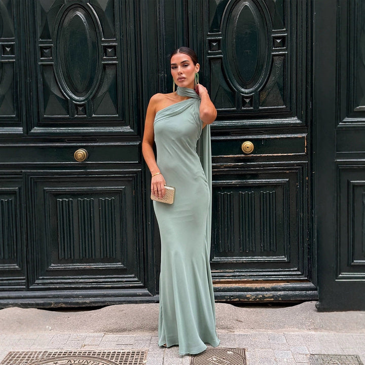 Women's Elegant, One-Sided Strapless Maxi Dress with Flowing Fabric and Chic Neck Scarf Lune London