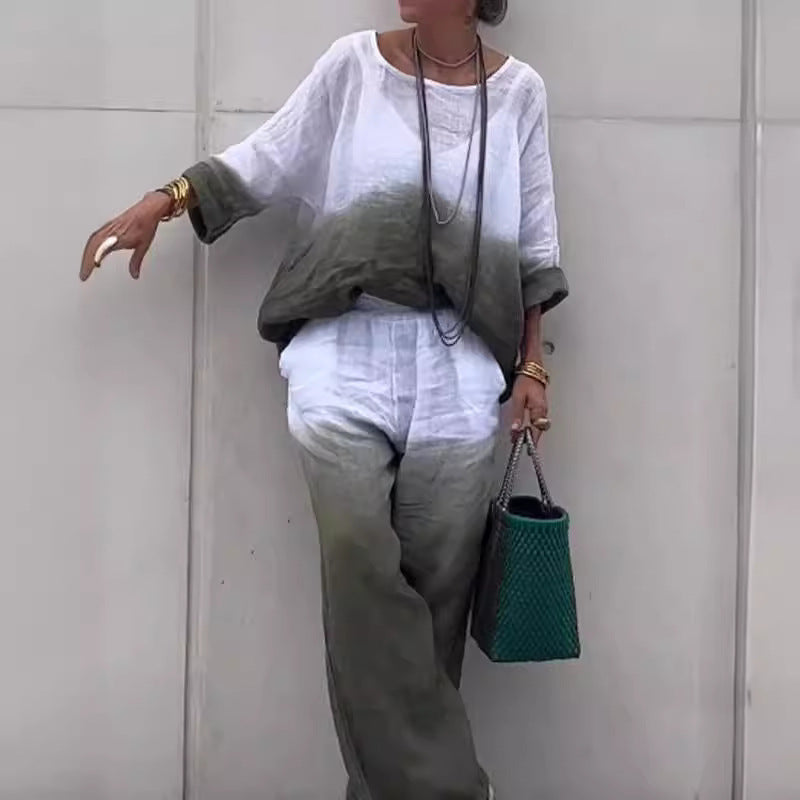 Casual linen outfit for women with wide pants and loose blouse Lune London