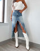 Women's mid-length denim skirt with partially frayed hem and high slit Lune London