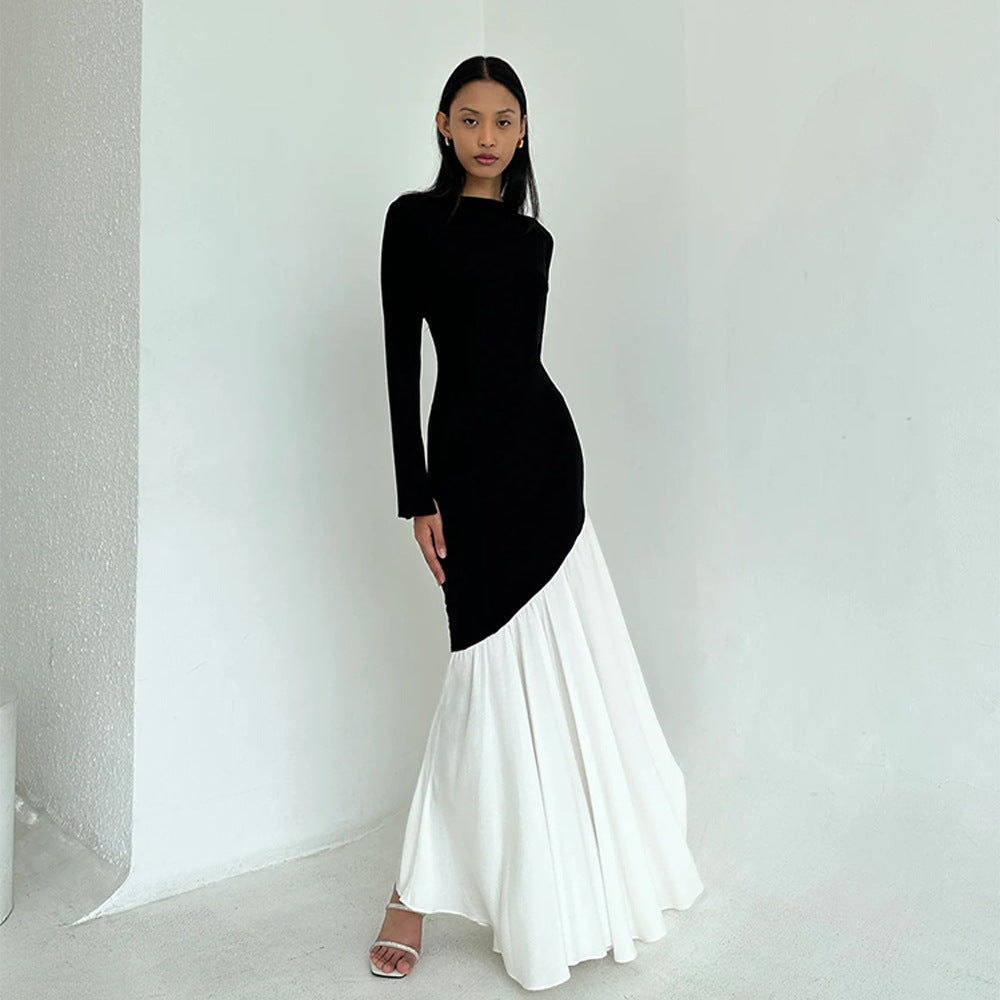 Elegant and asymmetrical maxi dress for ladies with long sleeves and chic and stylish color contrasts.
