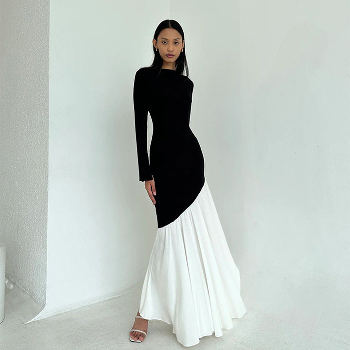 Elegant and asymmetrical maxi dress for ladies with long sleeves and chic and stylish color contrasts.