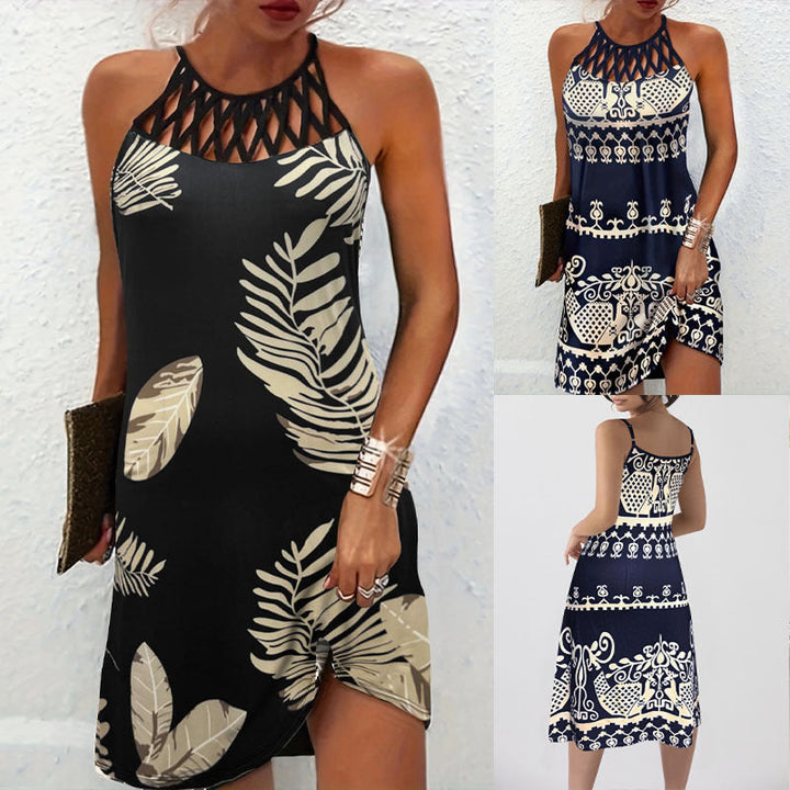 Summer beach dress for women with a creative crochet neckline and a chic and stylish graphic pattern.