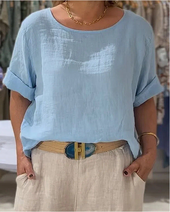 Blouse en lin léger pour femme avec coupe décontractée et manches retroussées Chic & Stil