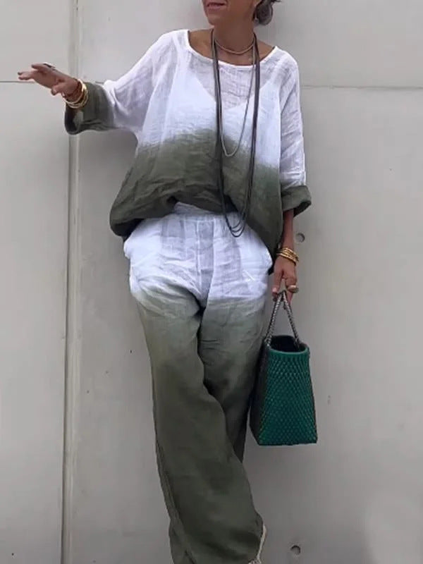 Casual linen outfit for women with wide pants and loose blouse Lune London