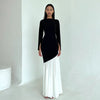 Elegant and asymmetrical maxi dress for ladies with long sleeves and chic and stylish color contrasts.