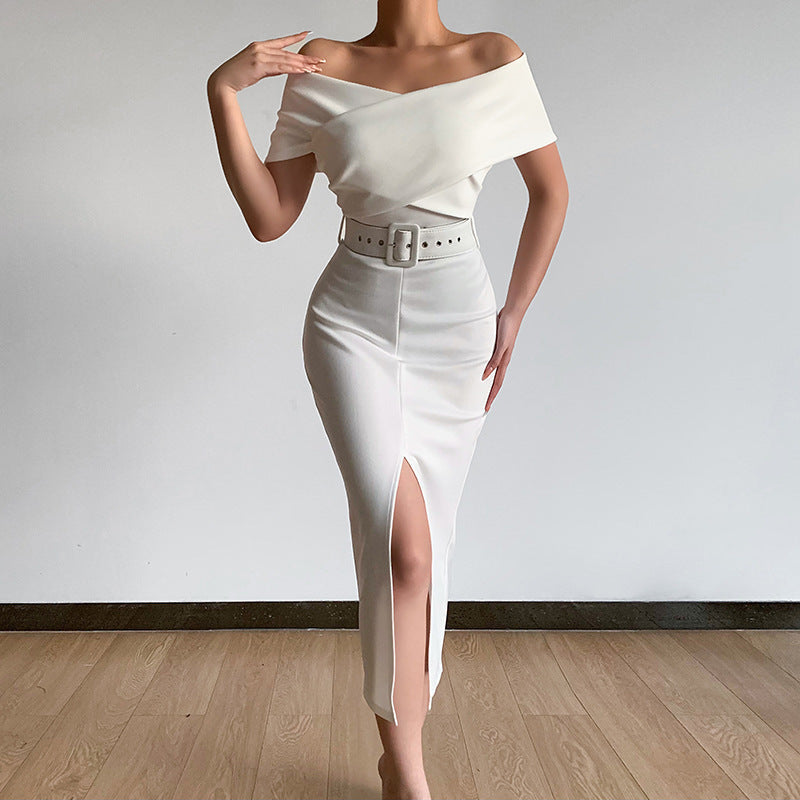 Midi dress for women fitted with bardot neckline and side slit Lune London