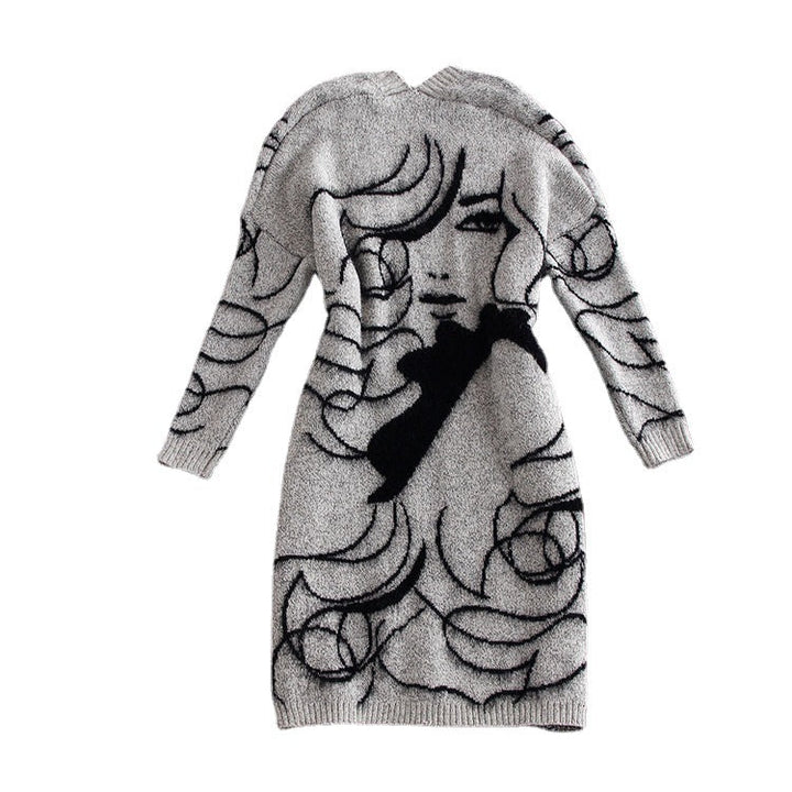 Women's knit dress with artistic graphic design and an elegant V-neck Chic and Style