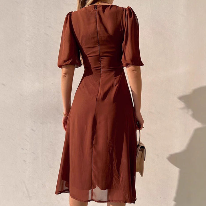 Women's Elegant Maxi Dress with Puff Sleeves and Deep Slit Lune London