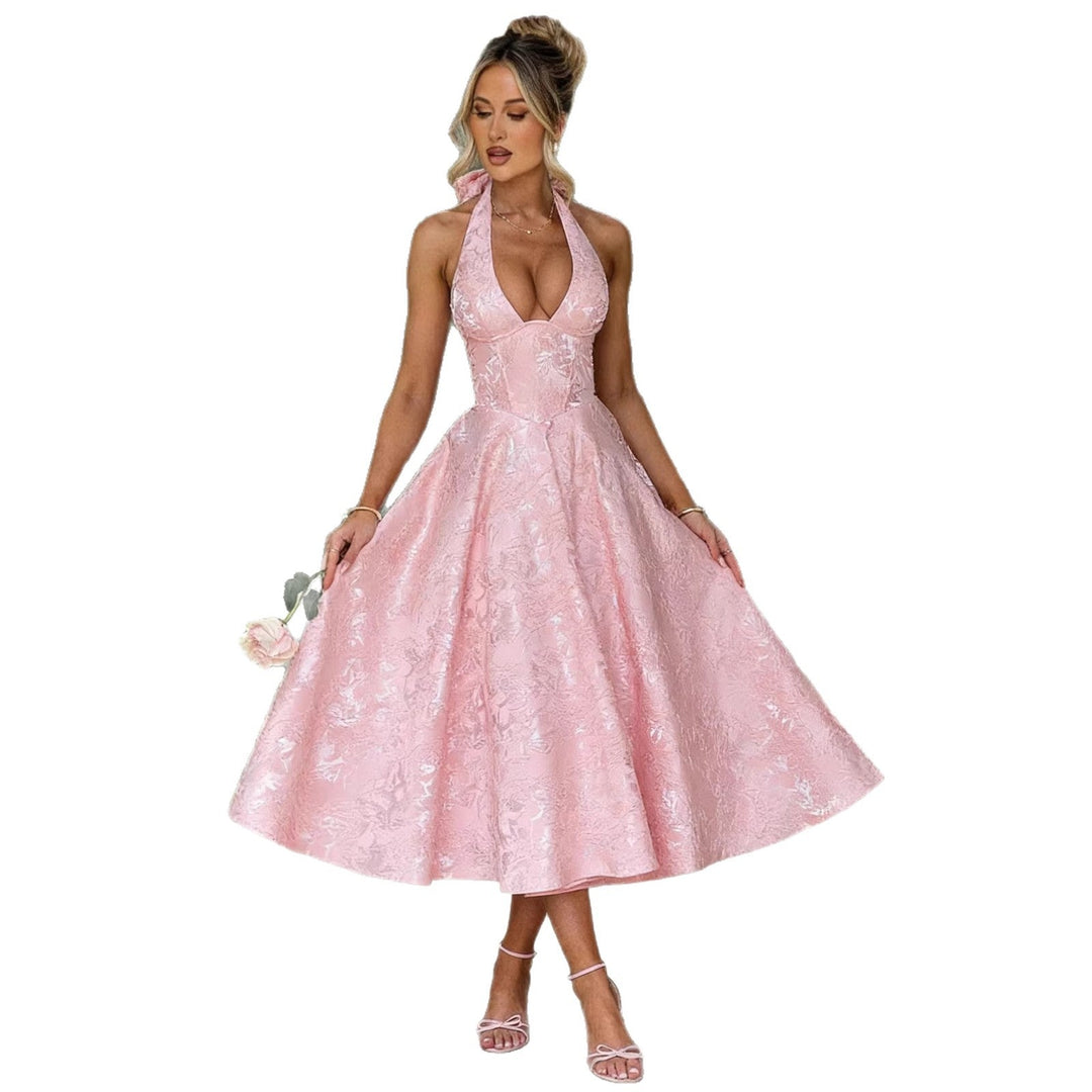 Women's Elegant Halter Neck Midi Dress with Detailed Lace Processing Lune London
