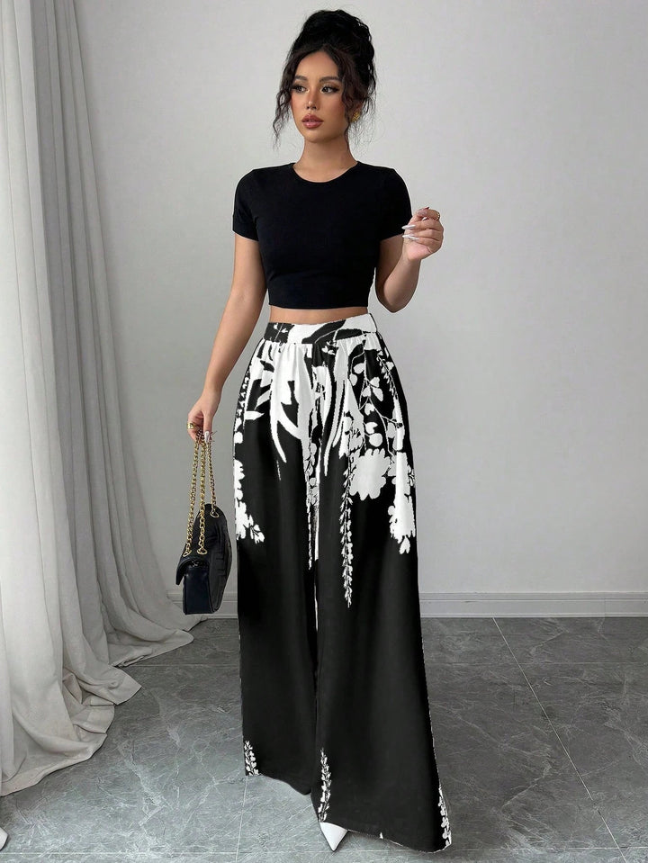 Lune London Floral Print Wide Palazzo Pants Set for Women