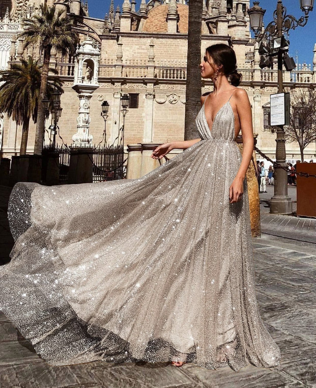 Ladies Glamorous Evening Dress with Deep V-Neck and Shining Sequins Lune London