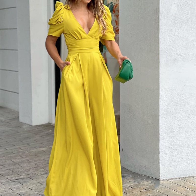 Elegant maxi dress for women with puff sleeves and a deep V-neck Lune London