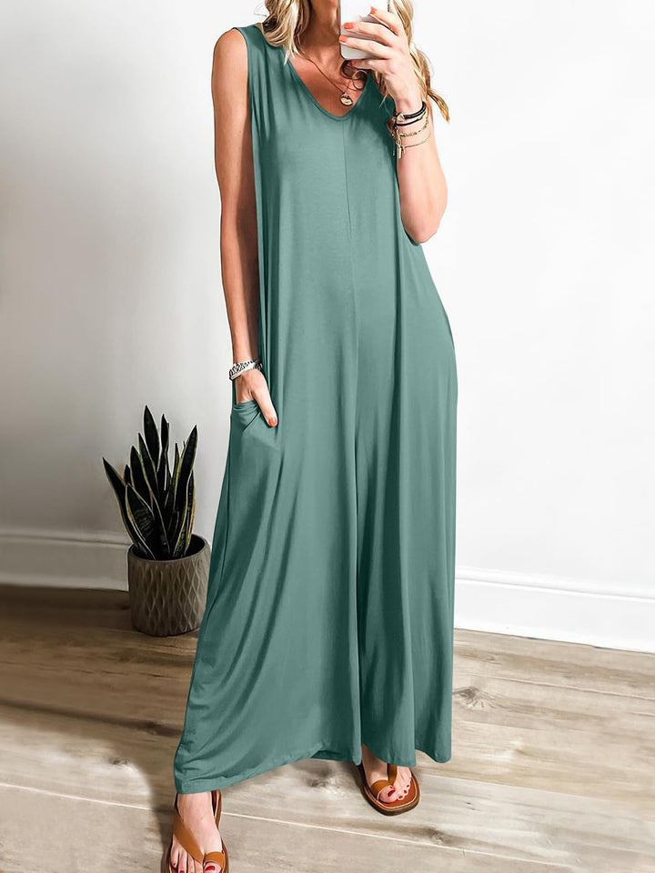Ladies lightweight jumpsuit with deep V-neck and side pockets Lune London
